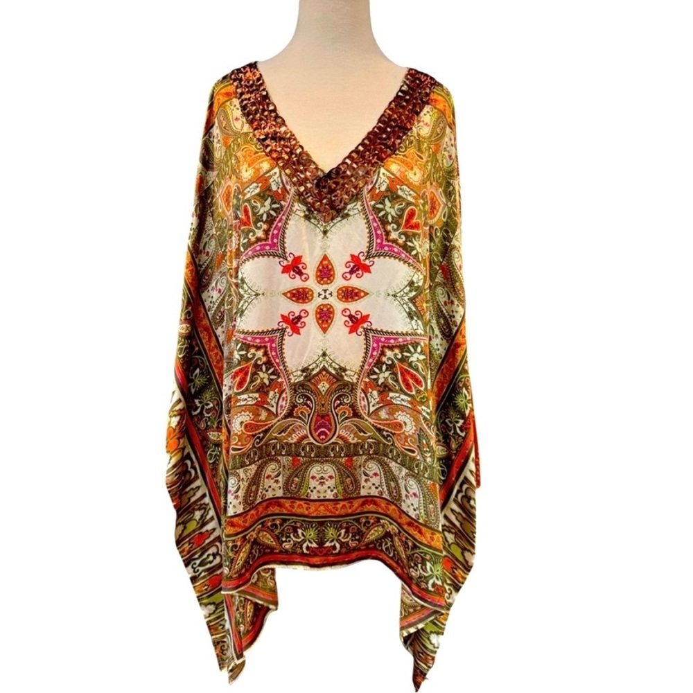 Chico’s Black Label Cairo Print 100% Silk Boho Poncho Tunic Kaftan Large XLarge